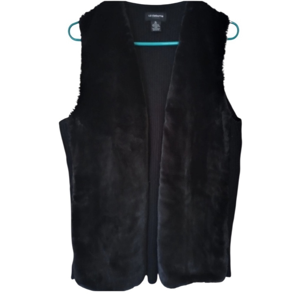 Liz Claiborne Faux Fur Knit Sweater Vest Open Front Black Size L